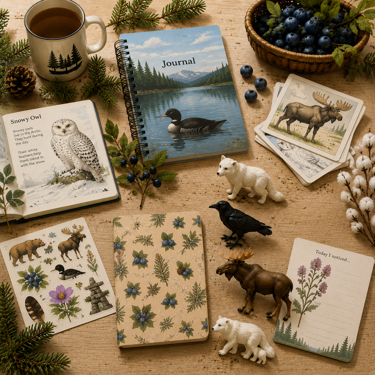 A warm flat-lay of White Fox Learning teaching materials including nature journals, northern animal flashcards, and figurines surrounded by pine branches and blueberries