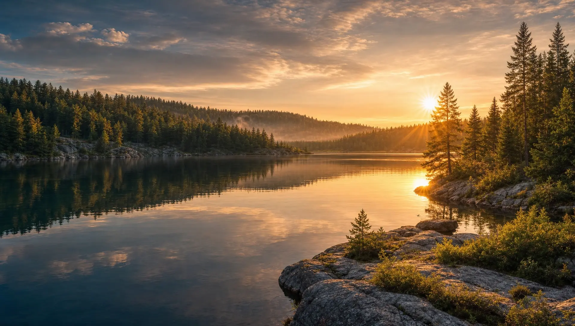 A calm boreal lake at golden hour in Northern Ontario, Canada